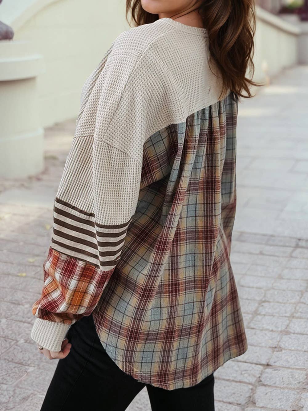 1 the Woman - Waffle Stripe Plaid Patchwork Henley Knit Top S-4X