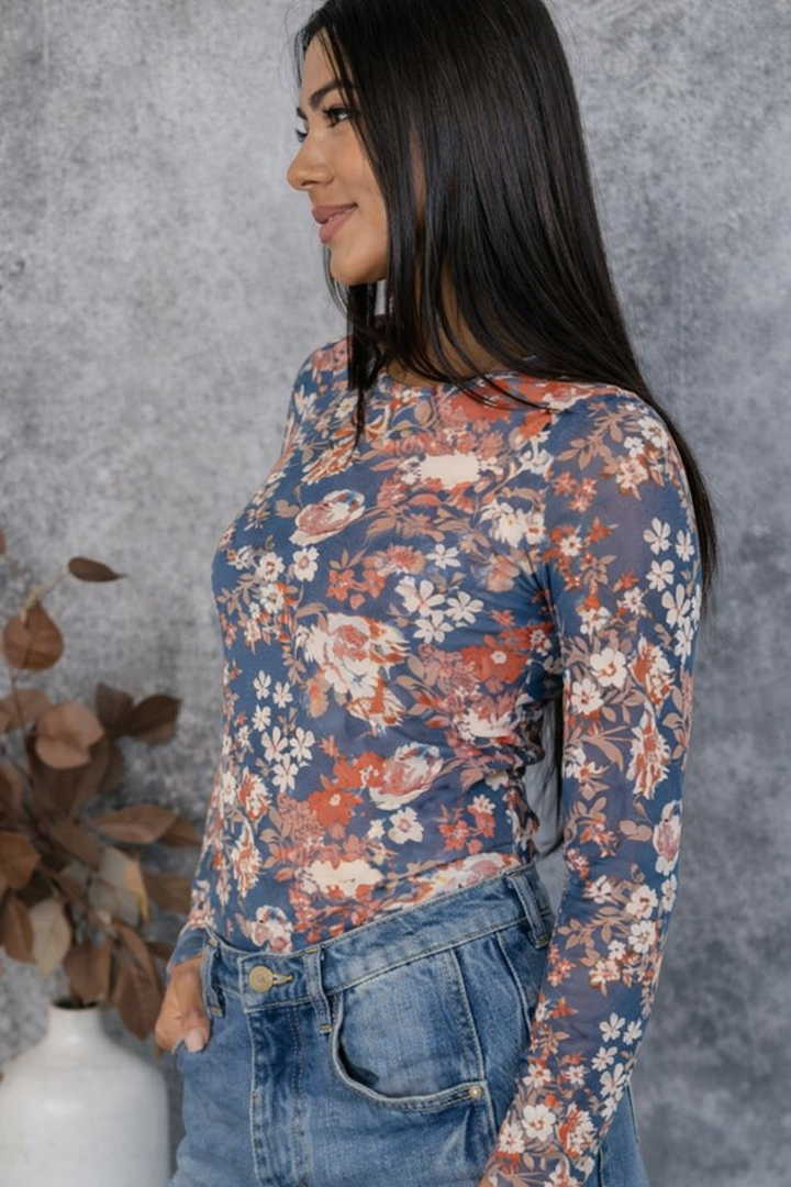 Green Floral Print Mesh Fitted Long Sleeve Top