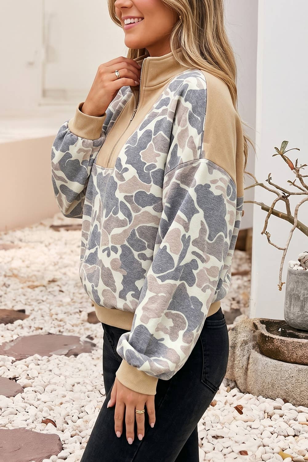 Little Daisy Closet - LDC Camouflage Print Casual Zip Neck Pullover