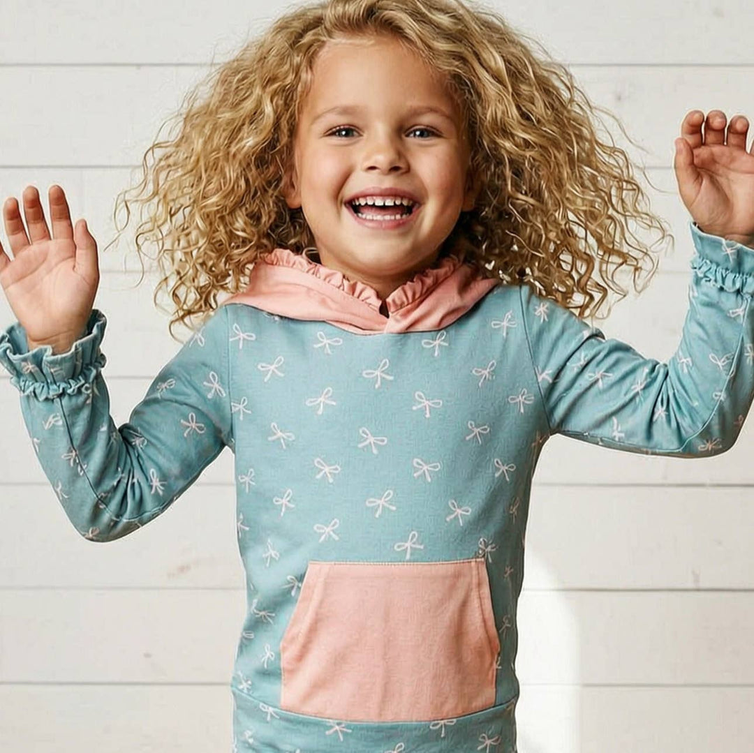 Kids Lucy Teal &amp; Pink Bow Hooded Ruffle Pocket Lounge Set