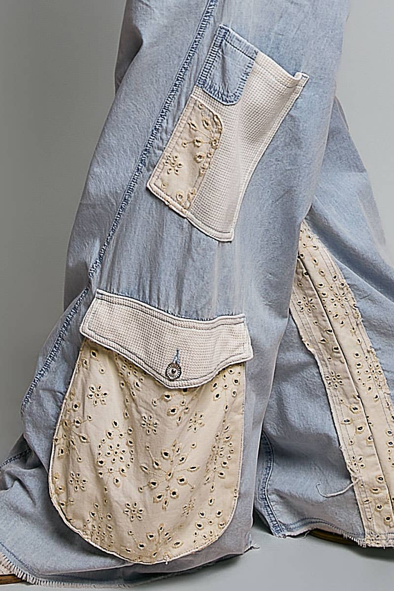 Pol Clothing - Solid Floral Metal Button Vintage Washing Laser Cut Pants