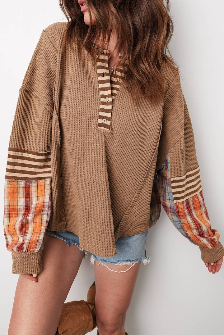 1 the Woman - Waffle Stripe Plaid Patchwork Henley Knit Top S-4X