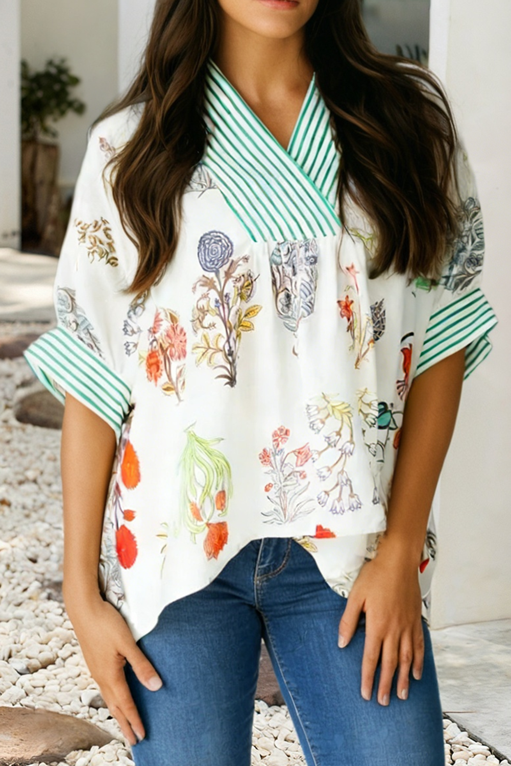 Little Daisy Closet - LDC Half Sleeve V Neck Shift Floral Top