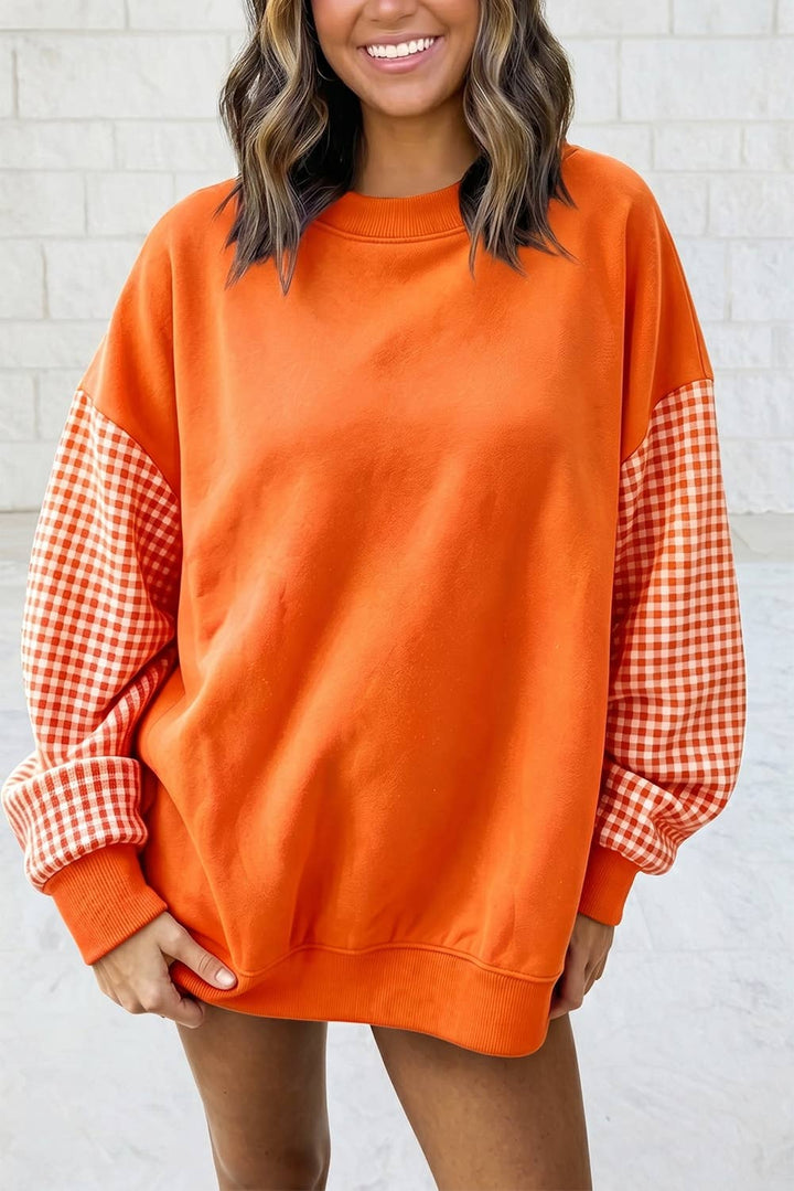 1 the Woman - Plaid Sleeve Colorblock Loose Tunic Sweatshirt S–4X