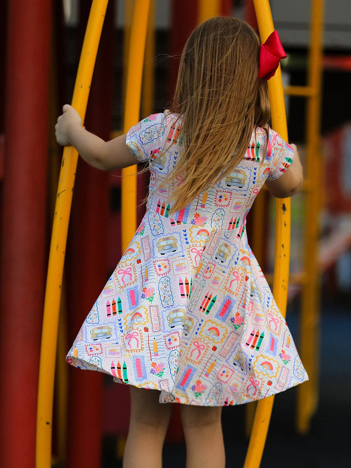 Back to School Rainbow Print Girls Dress Short Sleeve