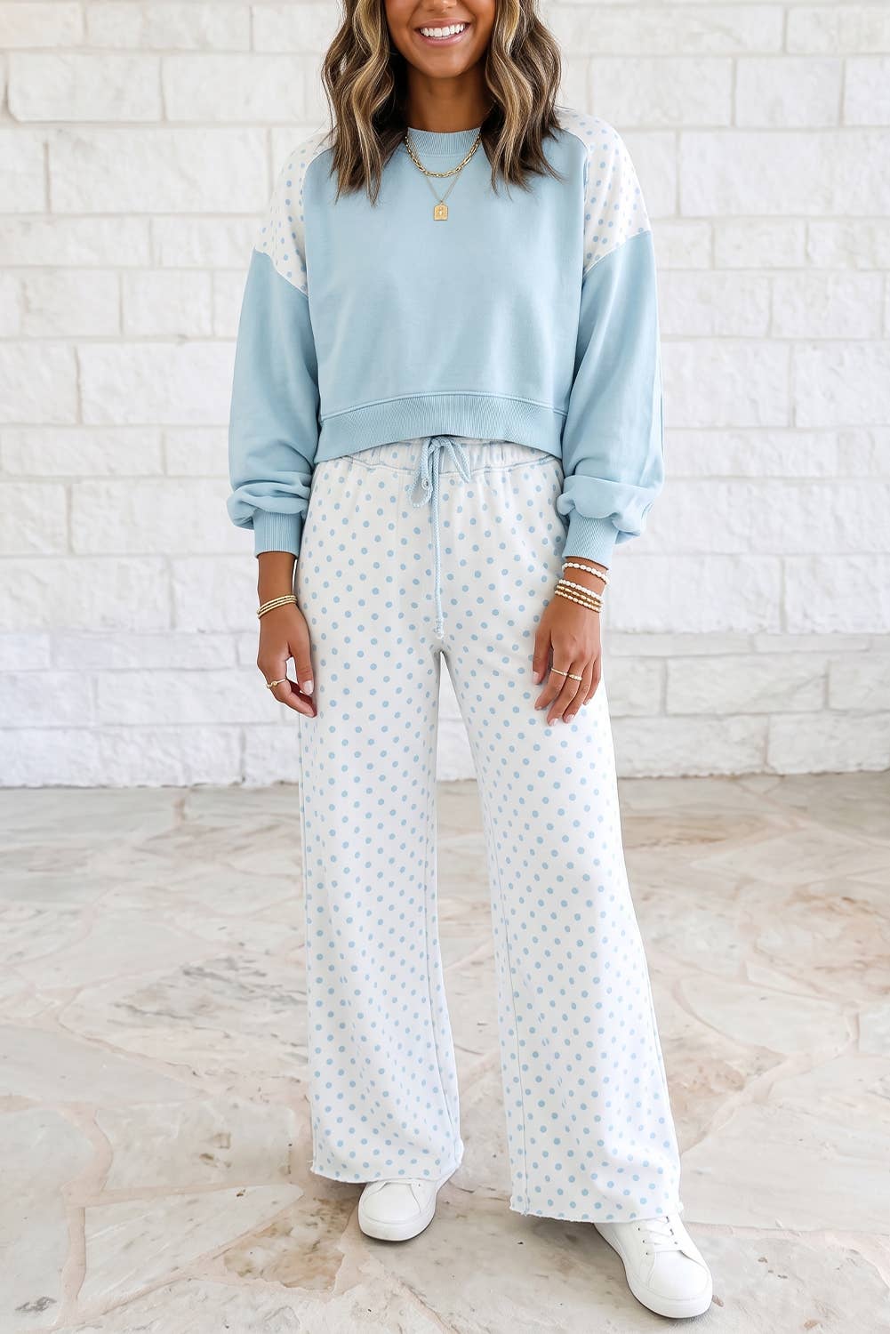 1 the Woman - Polka Dot Patchwork Long Sleeve Casual Two Piece Set S-4X