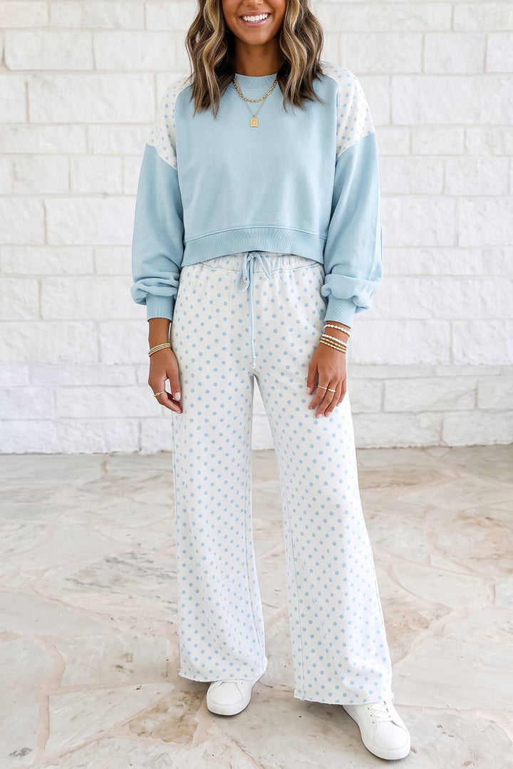 1 the Woman - Polka Dot Patchwork Long Sleeve Casual Two Piece Set S-4X