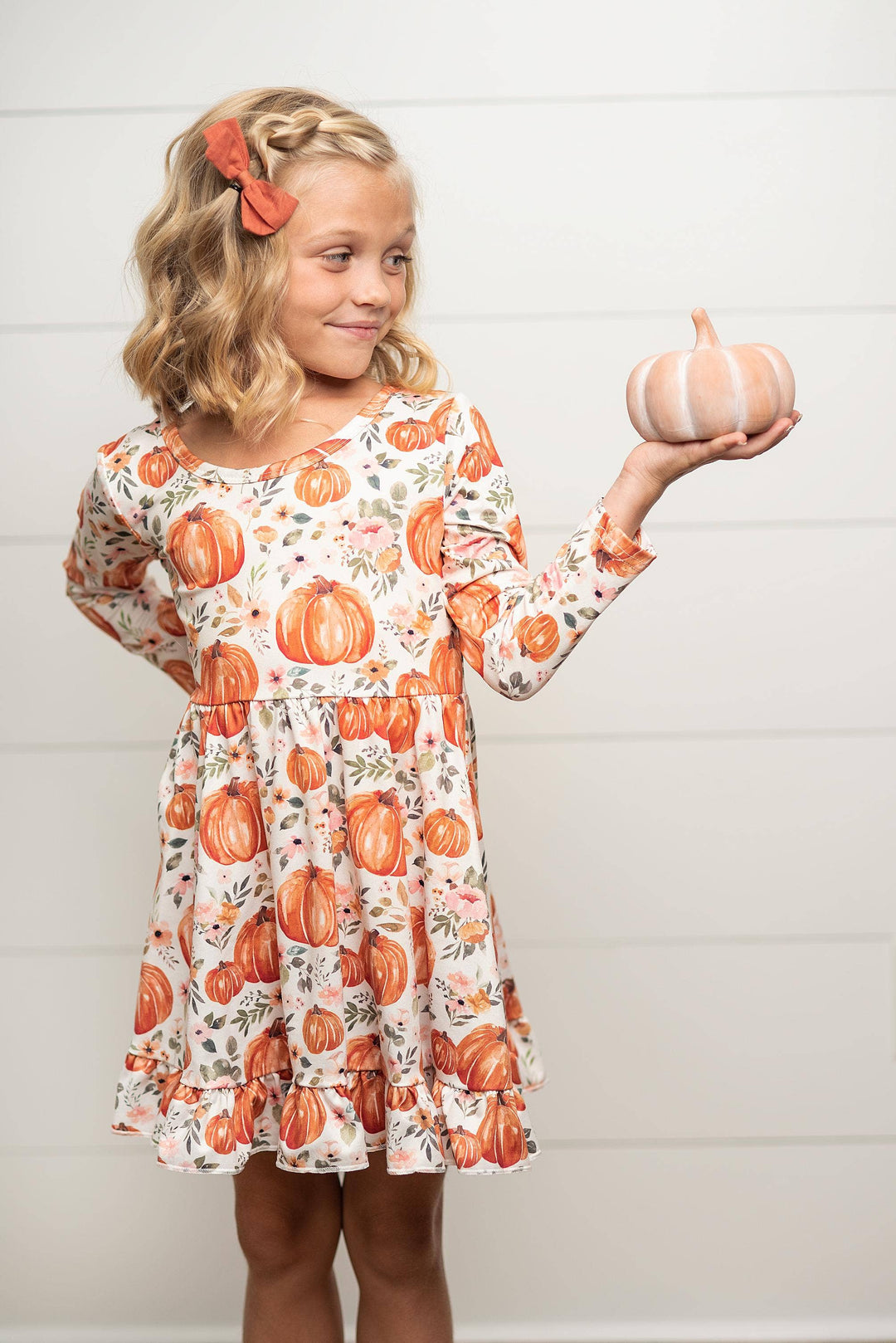 Kids Pumpkin &amp; Floral Print Long Sleeve Fall Twirl Dress