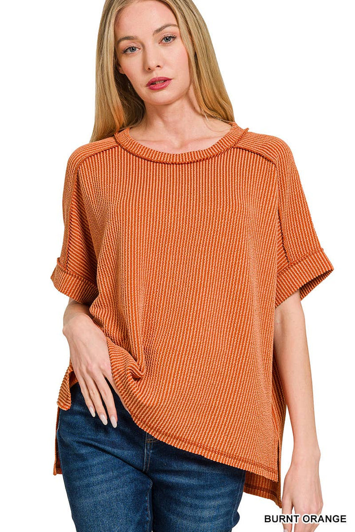 Textured Line Short Cuff Sleeve Raw Edge Top
