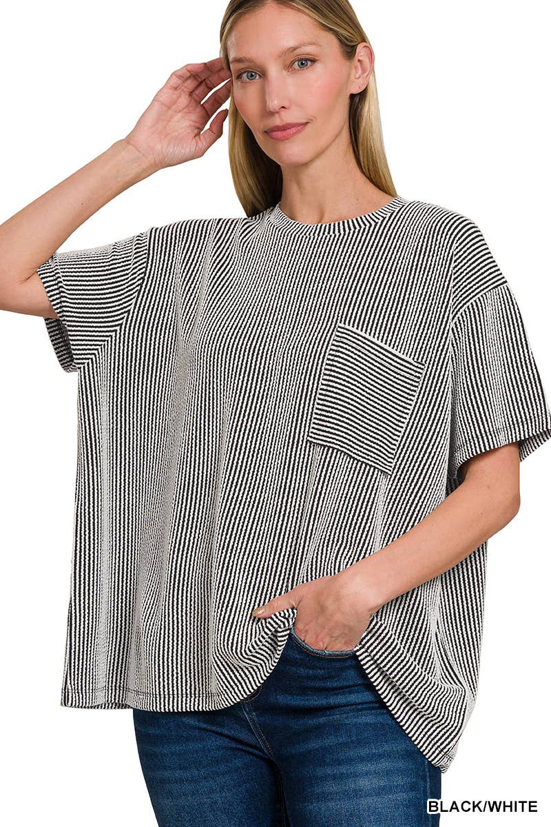 42POPS - Corded Rib Short Sleeve Front Pocket Top