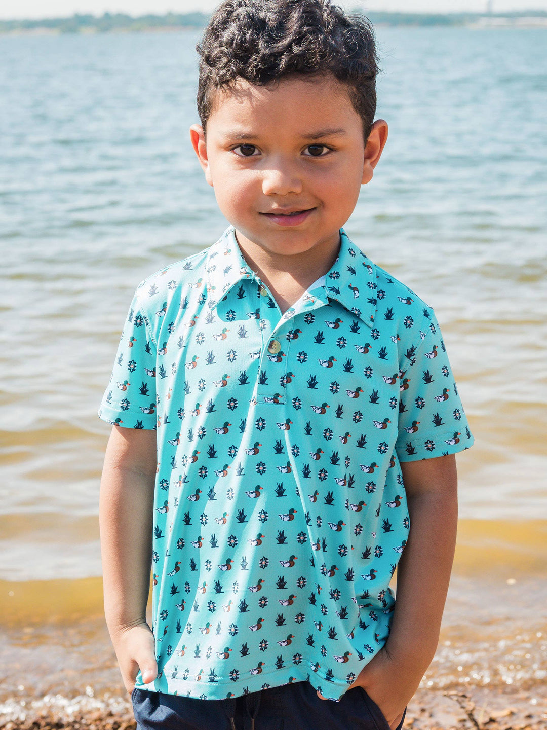 RuffleButts  - Boys Dapper Ducks Knit Short Sleeve Performance Polo