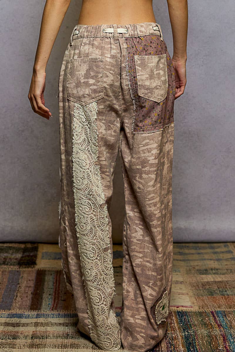 Pol Clothing - Drawstring Floral Patch Denim Pants