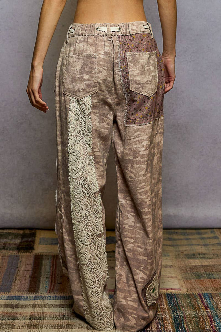 Pol Clothing - Drawstring Floral Patch Denim Pants
