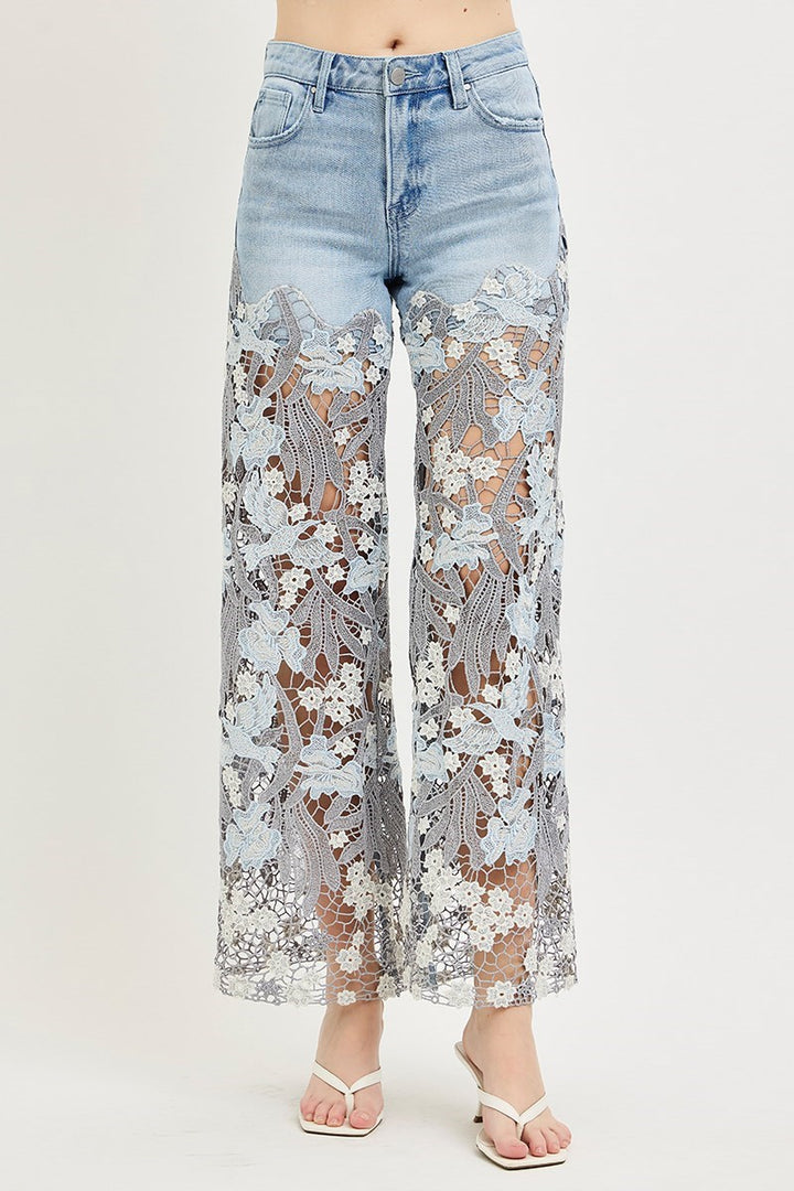 HIGH RISE WIDE PATCHWORK LACE PANEL JEANS