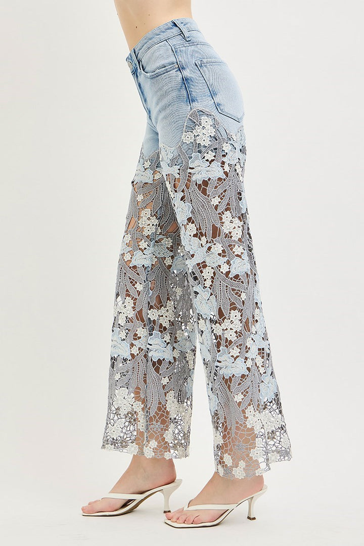 HIGH RISE WIDE PATCHWORK LACE PANEL JEANS