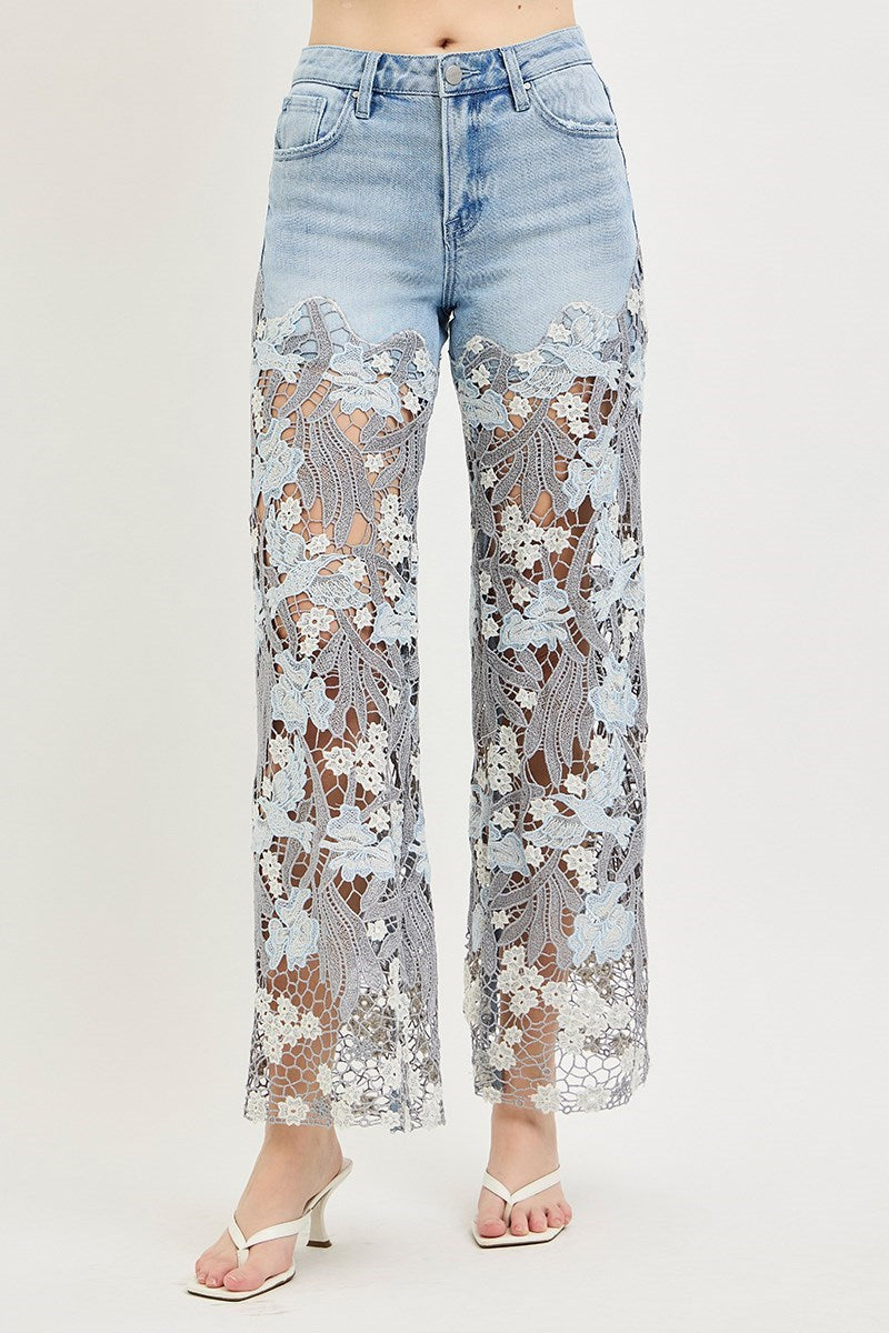 HIGH RISE WIDE PATCHWORK LACE PANEL JEANS