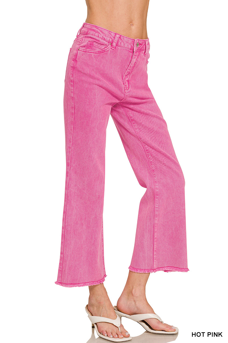 Acid washed high waist frayed hem bootcut pants