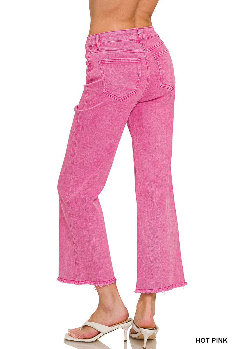 Acid washed high waist frayed hem bootcut pants