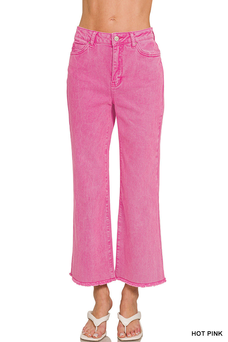 Acid washed high waist frayed hem bootcut pants