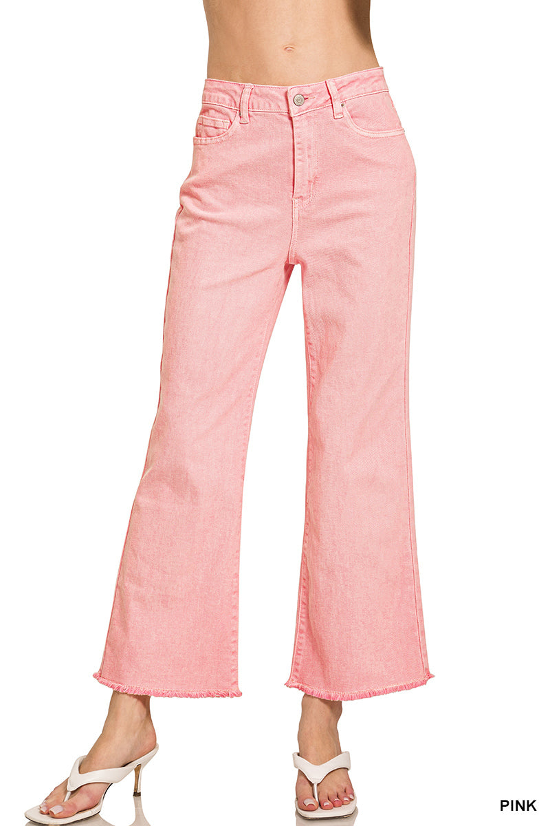 Acid washed high waist frayed hem bootcut pants
