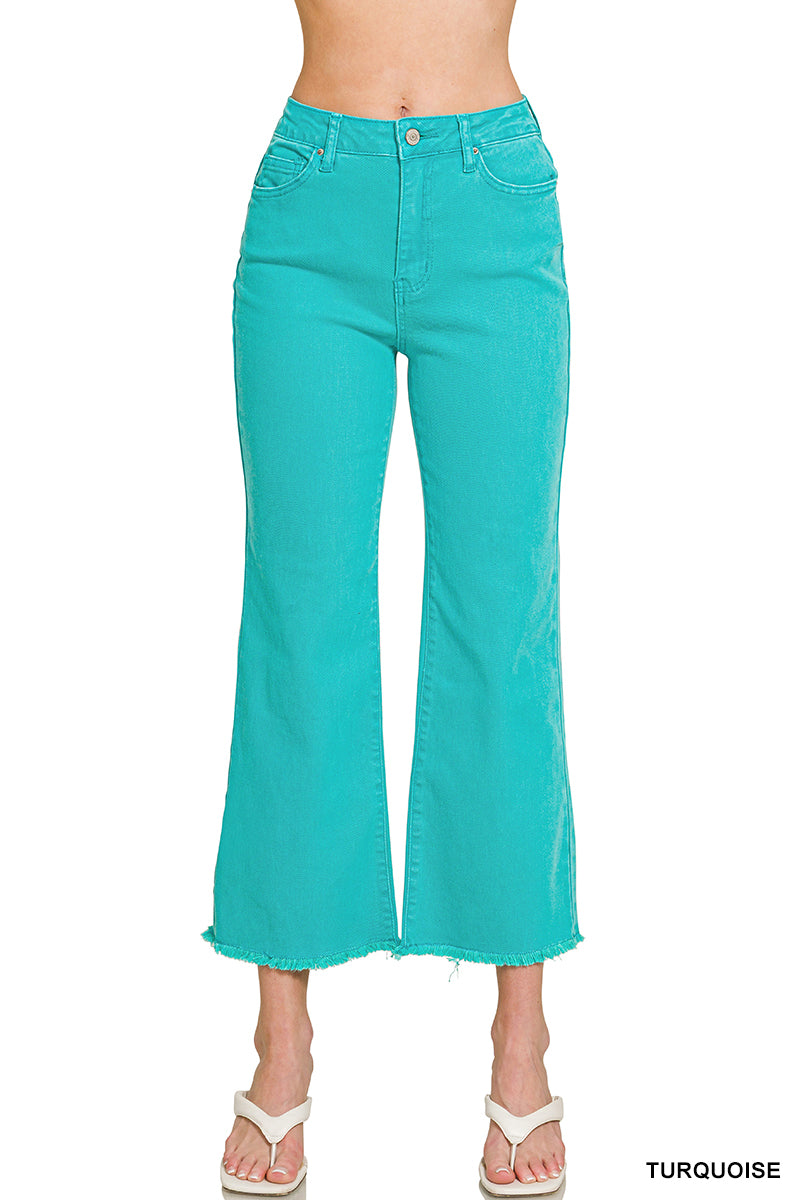Acid washed high waist frayed hem bootcut pants