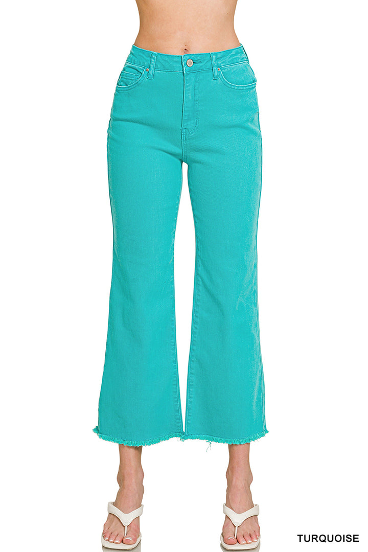 Acid washed high waist frayed hem bootcut pants