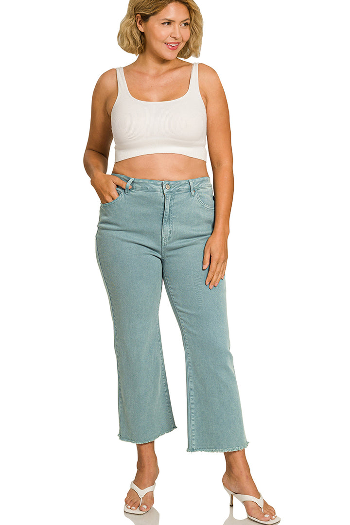 Zenana Plus acid washed high waist frayed hem bootcut pants