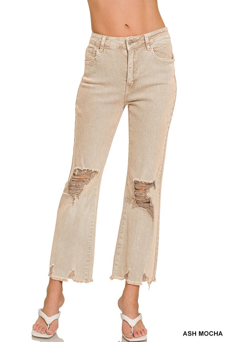 Zenana Acid washed high waist distressed straight pants