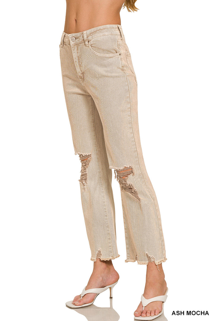 Zenana Acid washed high waist distressed straight pants