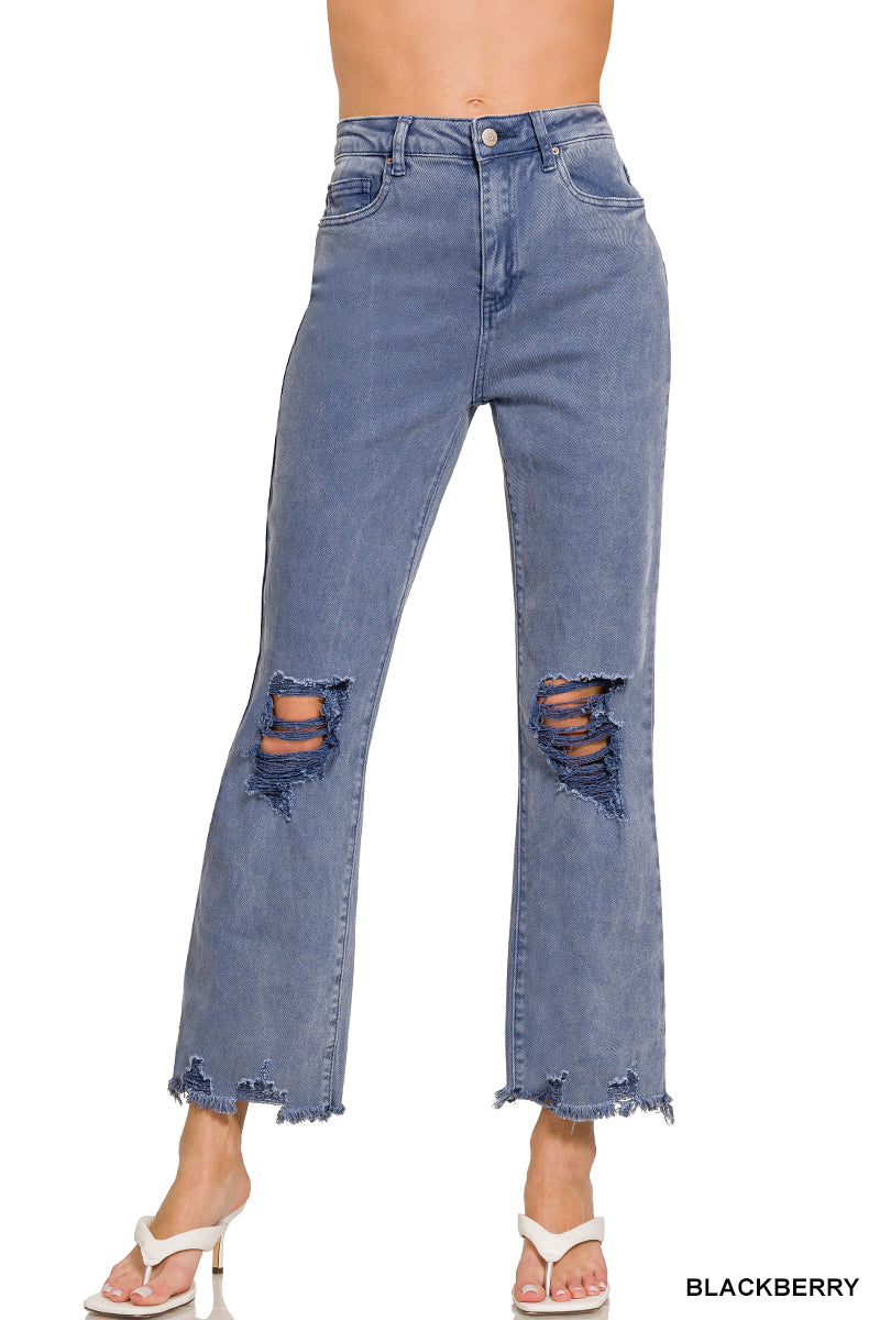 Zenana Acid washed high waist distressed straight pants