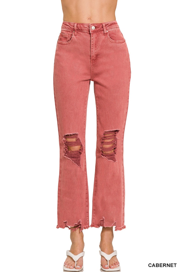 Zenana Acid washed high waist distressed straight pants