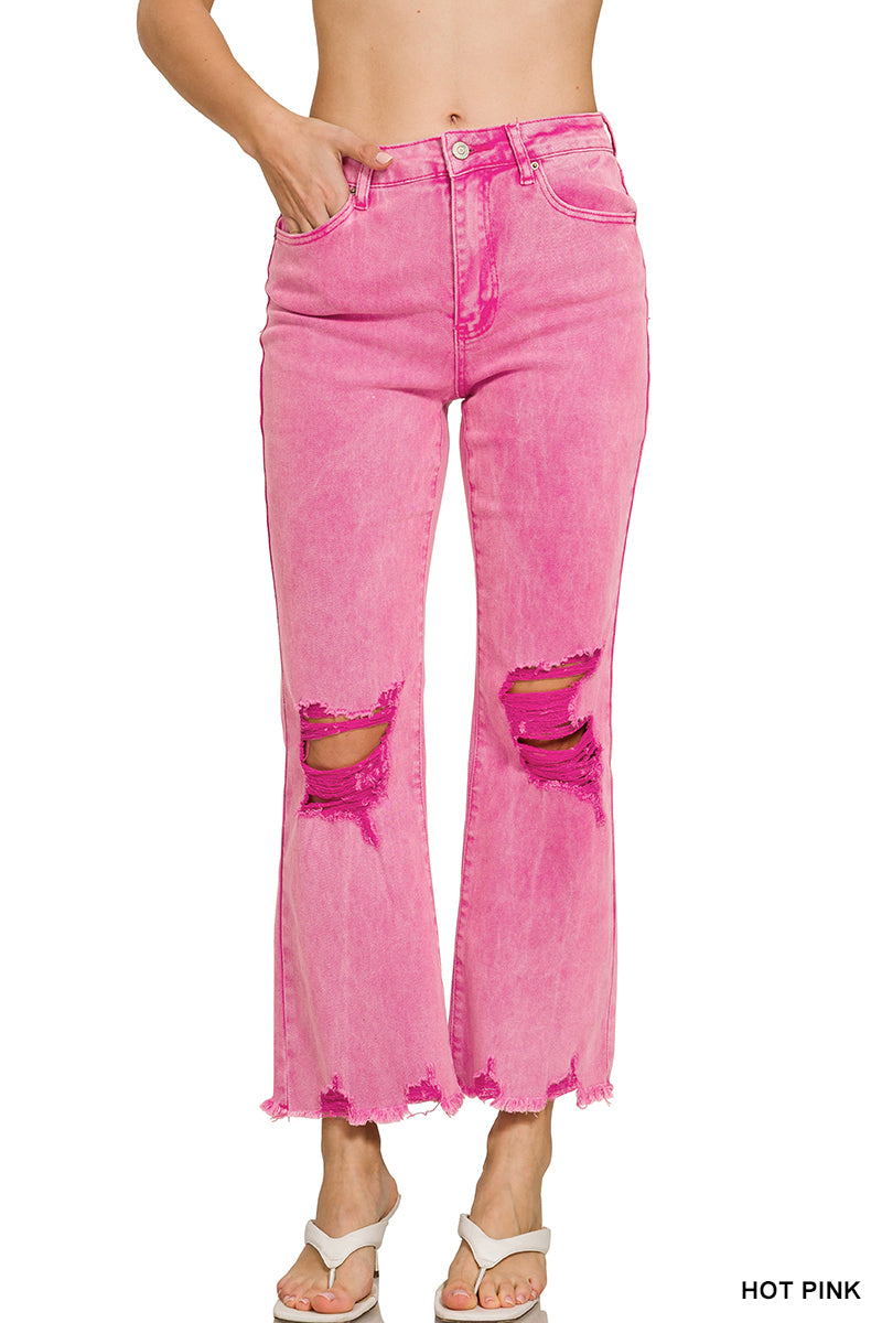 Zenana Acid washed high waist distressed straight pants