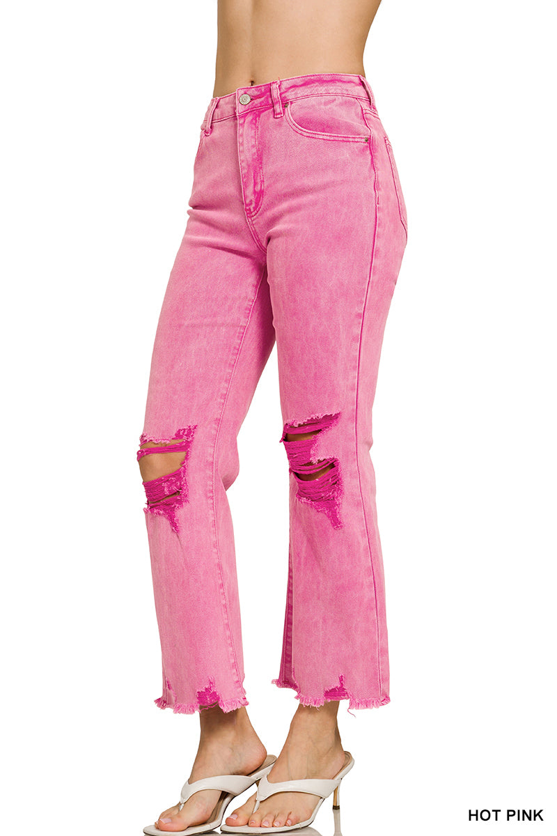 Zenana Acid washed high waist distressed straight pants