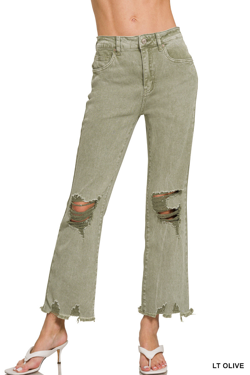 Zenana Acid washed high waist distressed straight pants