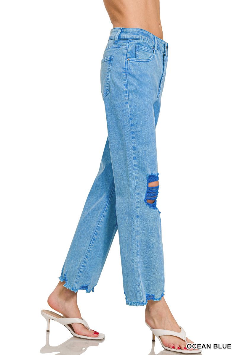 Zenana Acid washed high waist distressed straight pants