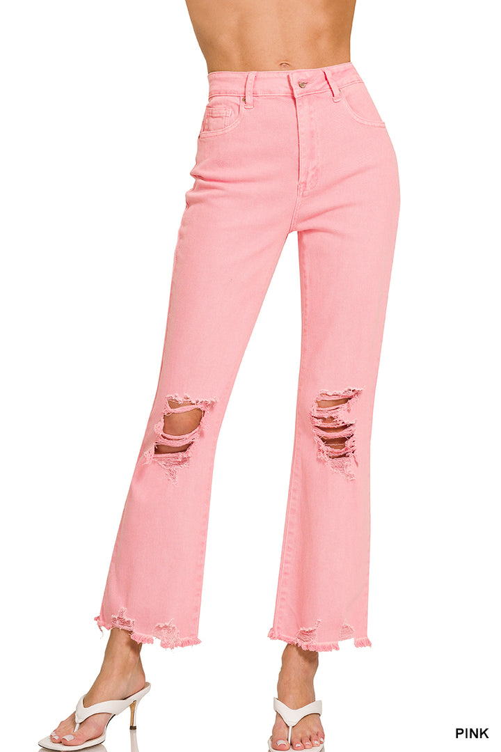 Zenana Acid washed high waist distressed straight pants