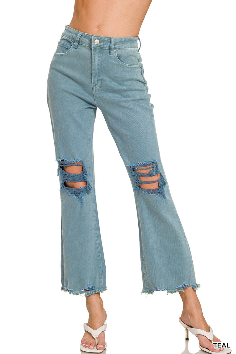 Zenana Acid washed high waist distressed straight pants