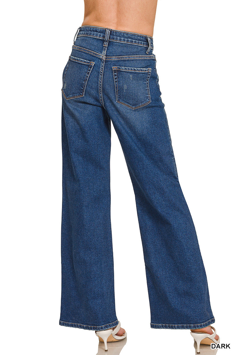 ZENANA DARK WASH WIDE LEG DENIM PANTS
