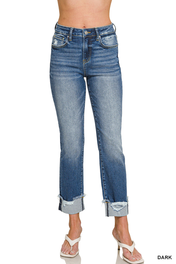 Zenana CUFFED SKINNY DENIM PANTS