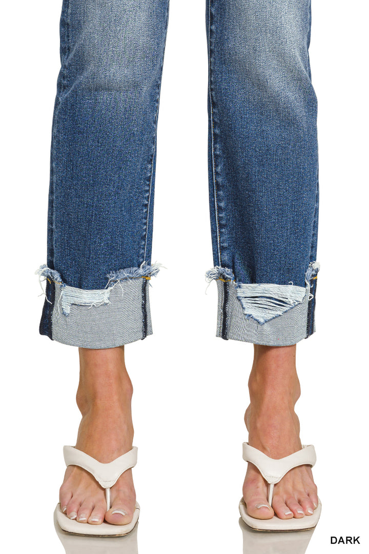 Zenana CUFFED SKINNY DENIM PANTS