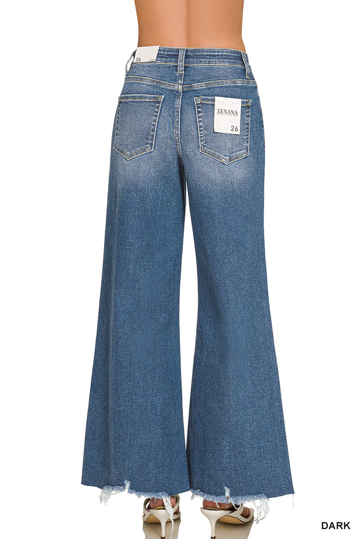 ZENANA DISTRESSED RAW HEM FLARE DENIM PANTS