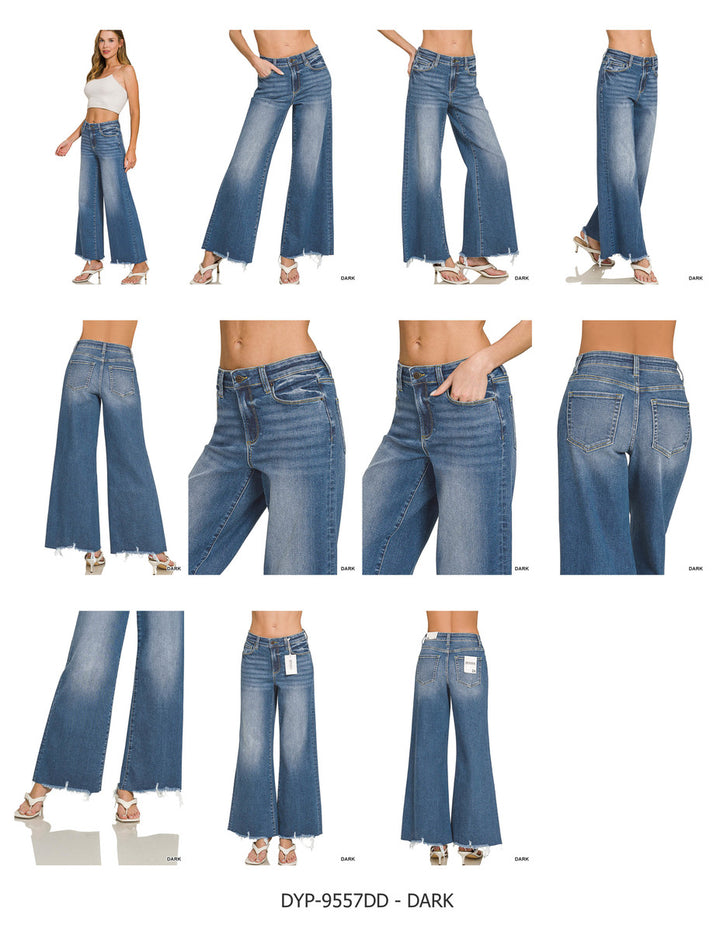 ZENANA DISTRESSED RAW HEM FLARE DENIM PANTS