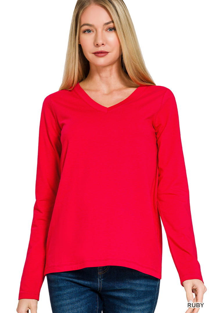 Cotton v-neck long sleeve t-shirt