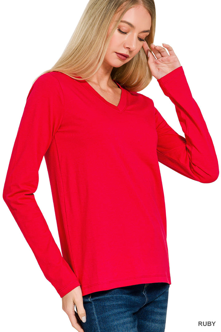Cotton v-neck long sleeve t-shirt