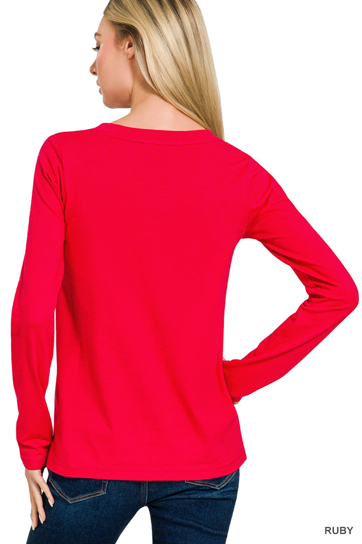 Cotton v-neck long sleeve t-shirt