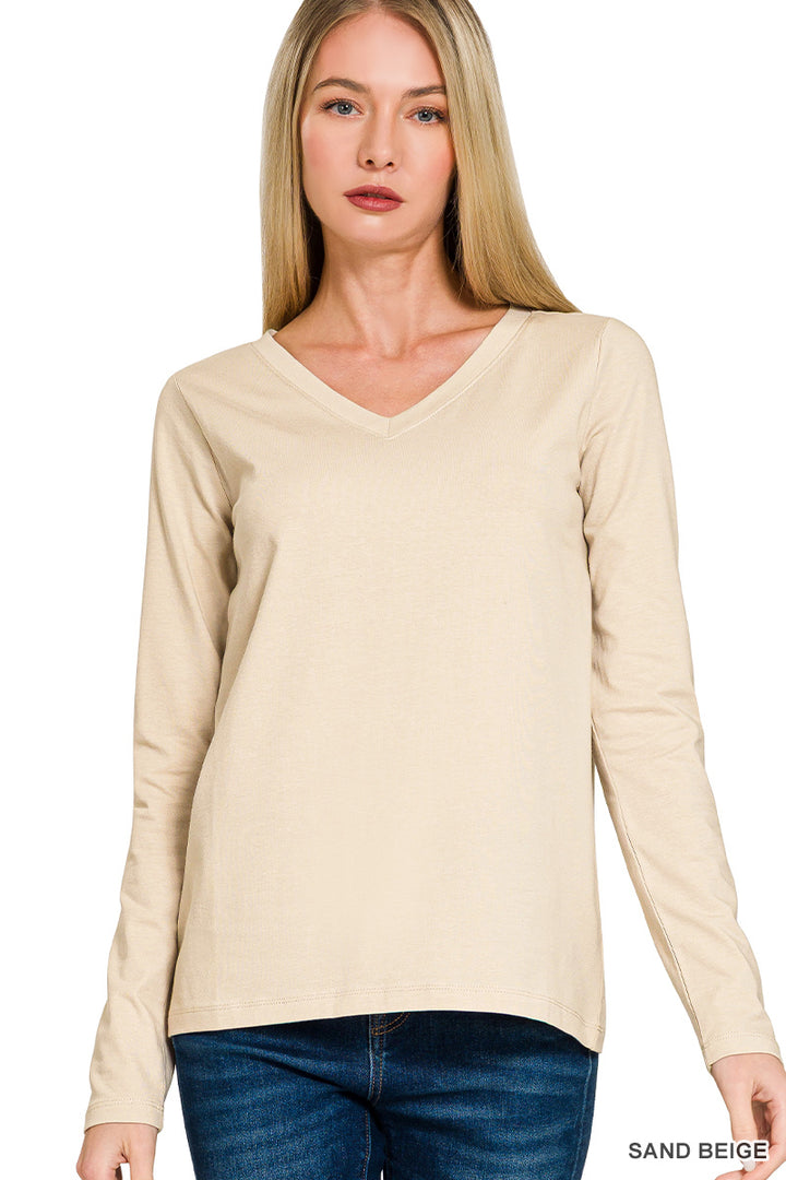 Cotton v-neck long sleeve t-shirt