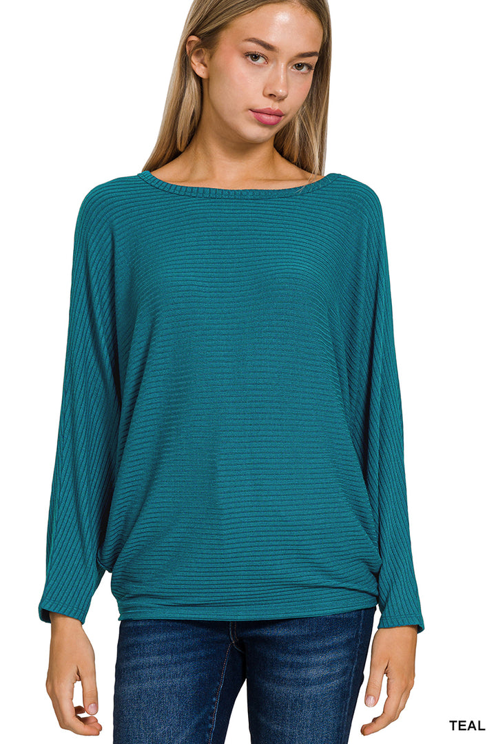 RIBBED BATWING LONG SLEEVE BOAT NECK SWEATER