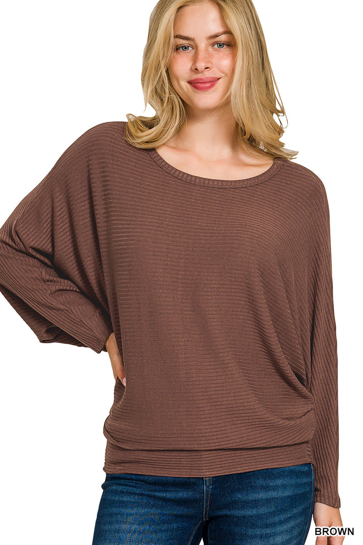 RIBBED BATWING LONG SLEEVE BOAT NECK SWEATER
