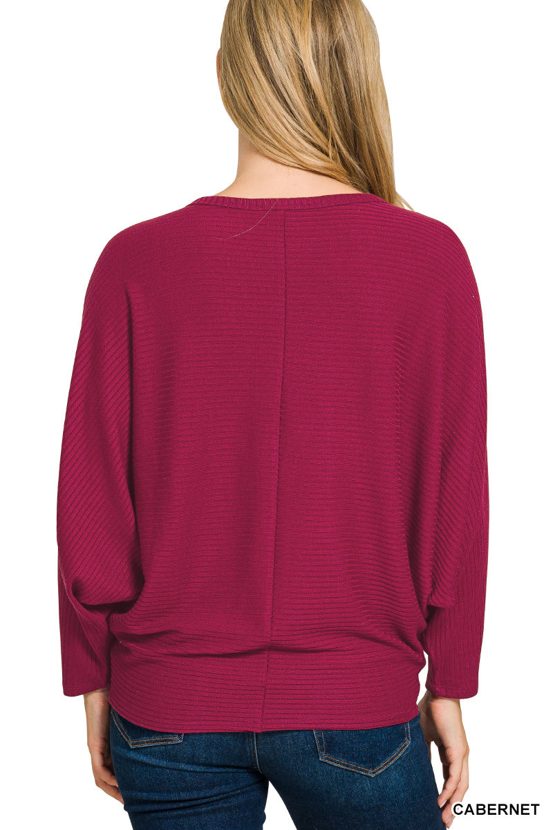 RIBBED BATWING LONG SLEEVE BOAT NECK SWEATER