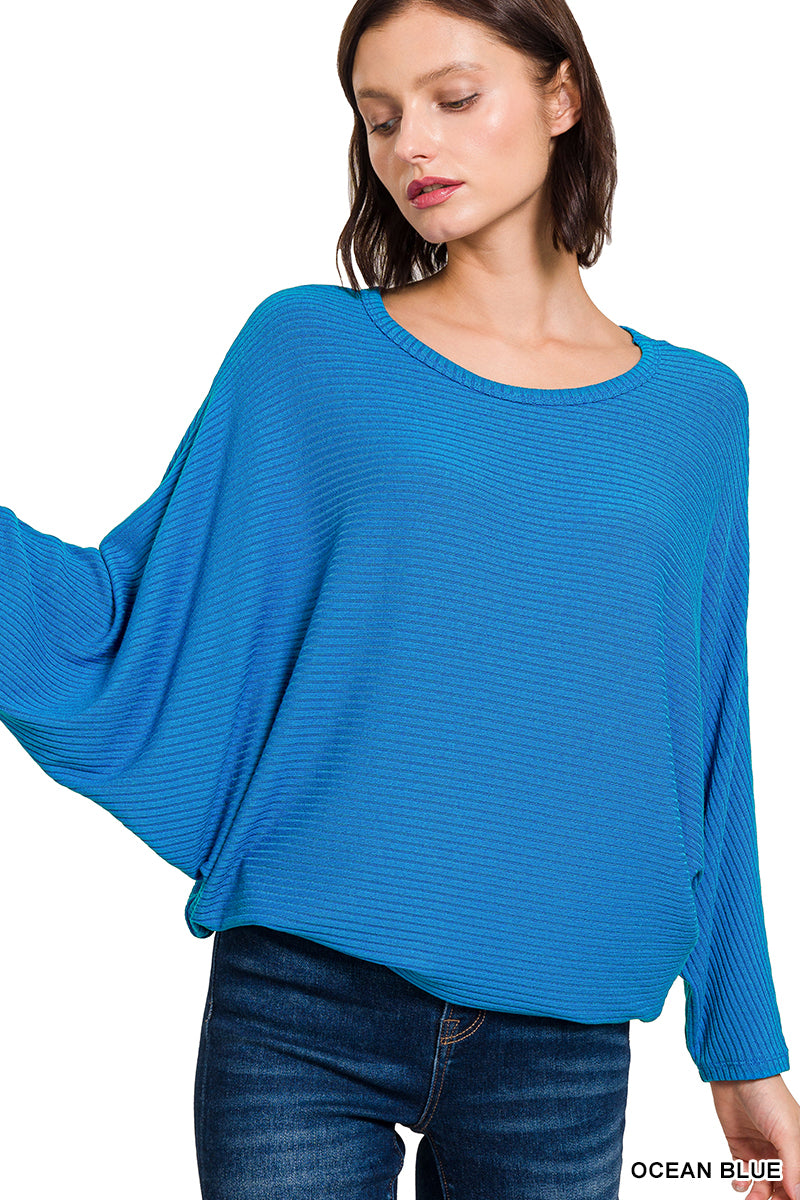 RIBBED BATWING LONG SLEEVE BOAT NECK SWEATER